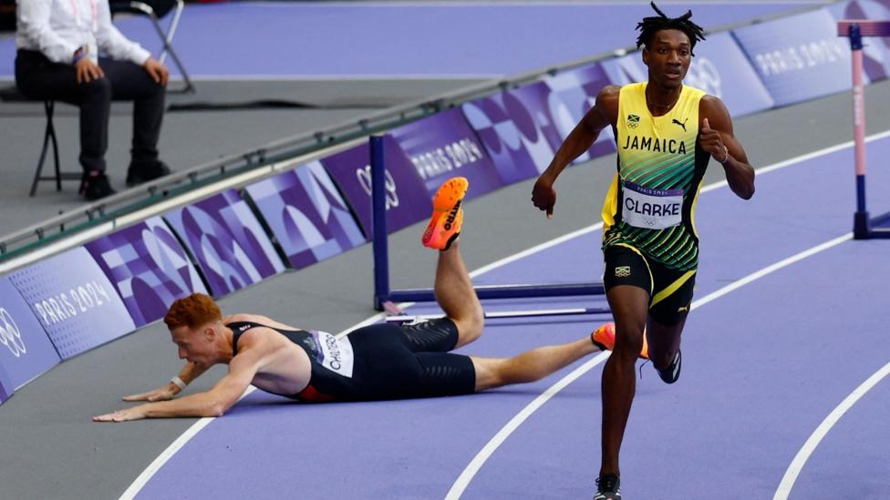 Alastair Chalmers lands on the floor at the last Olympic Games after hitting a hurdle in the semi-finals